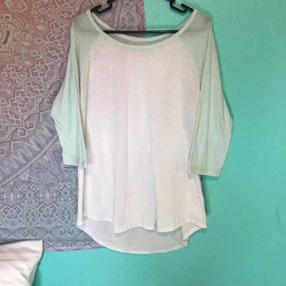 light turquoise and white baseball tee